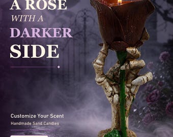 1.9"w x 7.9"h ceramic skeleton hand holding rose candlestick