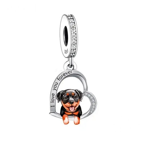 I Love You Forever Rottweiler Dog Dangle Charm, 100% sterling silver & CZ, Charm for Bracelet, Necklace