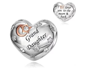 Grand Daughter Heart Charm Love you to the Moon and Back Heart Charm, 100% Sterling Silver, Granddaughter Charm for Bracelets