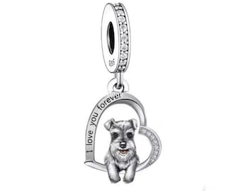 Schnauzer Dog Pendant Dangle Charm , 100% sterling silver & CZ, Charm for Bracelet, Necklace, Puppy Love Charm