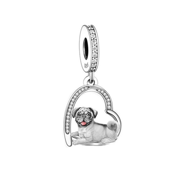 Pug Dog Dangle Charm, 100% sterling silver & CZ, Charm for Bracelet, Necklace, Puppy Love Charm, Fits all European Charm Bracelets