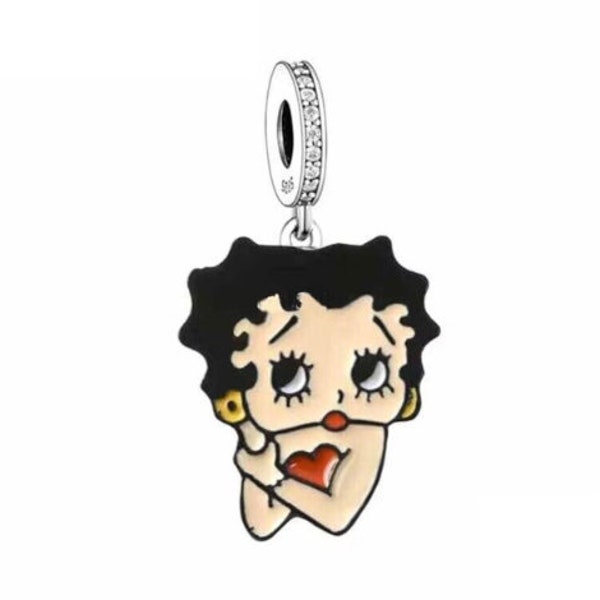 Anime Betty Retro Classic Charm , Betty Boop Charm, European Style Bracelet, Necklace charm, 100% sterling silver & CZ,