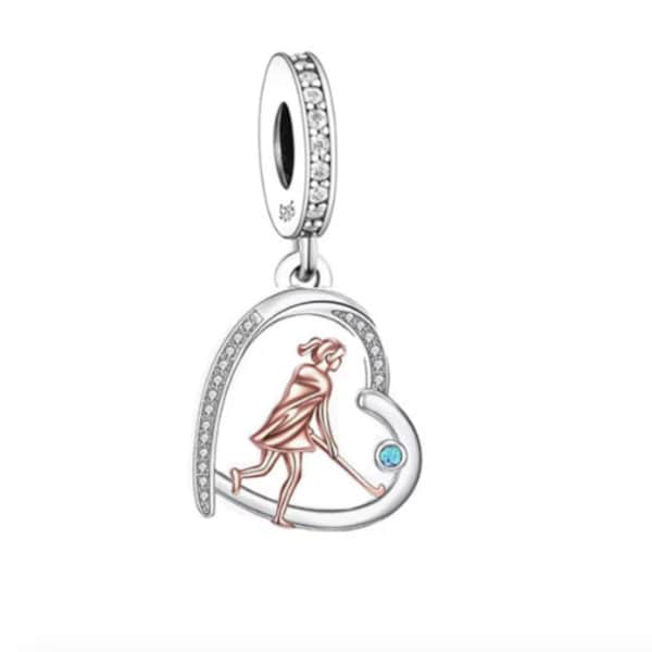 Girl Playing Hockey Dangle Charm, Hockey Lover Charm, Fits European Bracelet Necklace Charm, 100% sterling silver & CZ