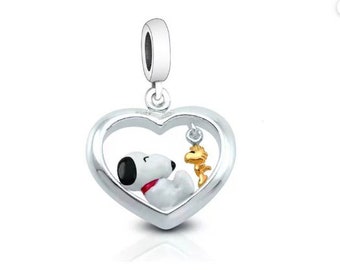 Snoopy Dog and Woodstock Dangle Charm, European Style Bracelet, Necklace charm, Snoopy Charm 100% sterling silver