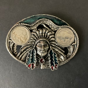 Vtg NATIVE AMERICAN Indian CHIEF Double Buffalo Nickel Belt Buckle - Solid Steel Great Condition! Made in U.S.A. - Fits Most Belts