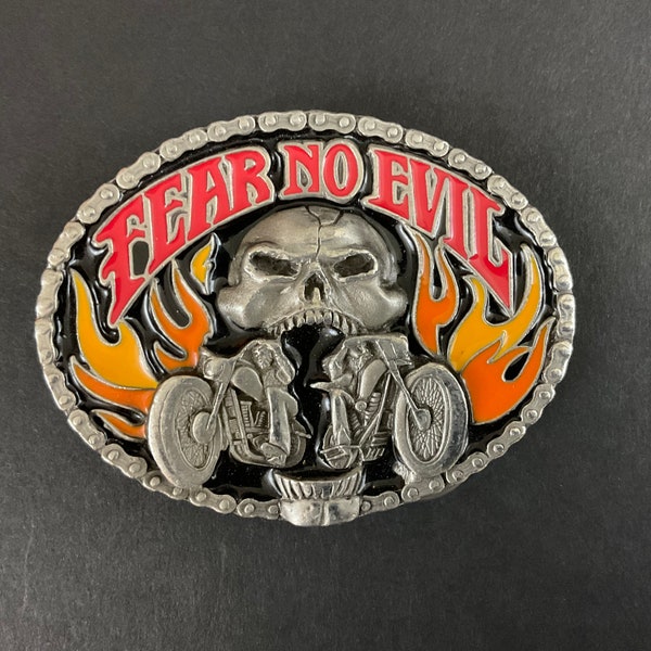 Vtg FEAR NO EVIL Motorcycle Skull Belt Buckle - Till Death Do Us Part - Siskiyou Solid Steel - Perfect! Made in U.S.A. - Fits Most Belts