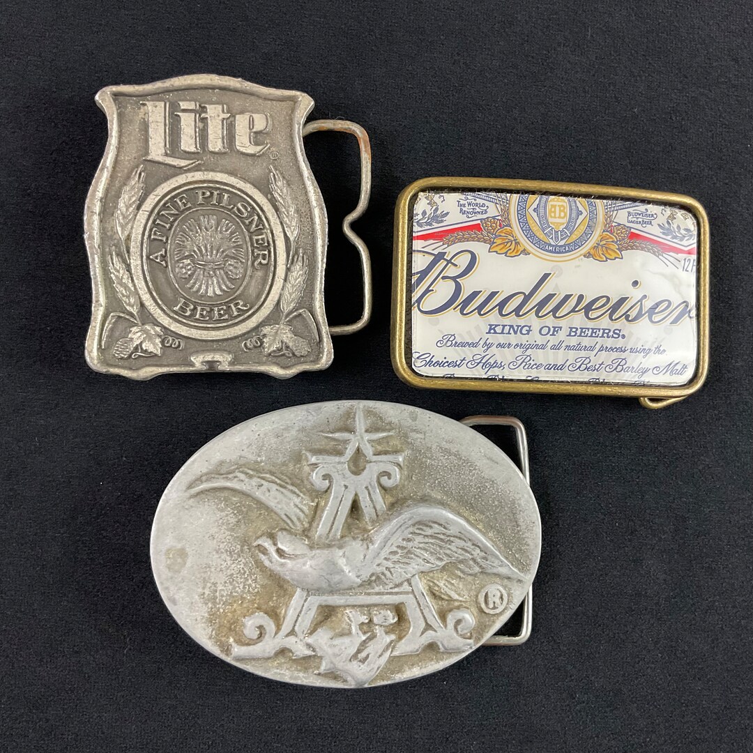 Lot of 3 BUDWEISER & MILLER LITE Belt Buckles Vintage Pewter Epoxy Pot Metal All Fit Most 1.5