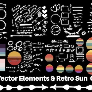 Puede incluir: Una colección de elementos vectoriales dibujados a mano y diseños de sol retro en blanco sobre fondo negro. Los elementos incluyen flechas, corazones, coronas, líneas y espirales. Los soles retro son de varios colores con un patrón a rayas.