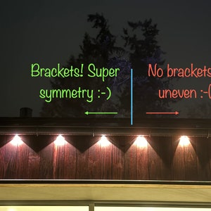 Compare lights mounted on a house with brackets showing a clean, symmetrical look, and lights without brackets that are uneven.