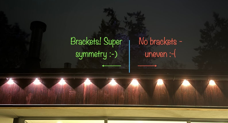 Compare lights mounted on a house with brackets showing a clean, symmetrical look, and lights without brackets that are uneven.