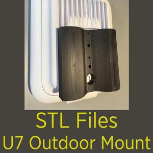 May include: A black U7 outdoor mount is attached to a white device with a ridged top. The mount has several holes and a curved design. The text "STL Files U7 Outdoor Mount" is displayed in yellow.