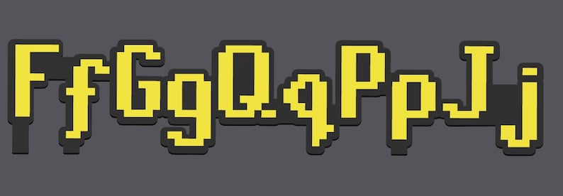 May include: Yellow pixelated letters spelling out "FfGgQqPpJj" on a dark gray background.