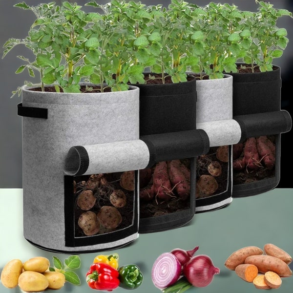 10 Gallon Potato Grow Bags 4-Pack with Harvest Window, Handles - Ideal for Potato, Tomato, and Vegetable Gardening - Black/Grey