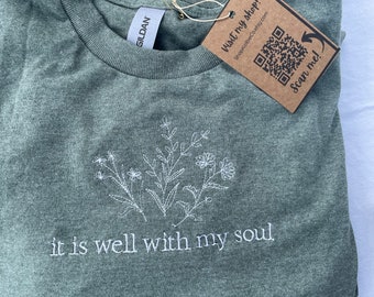 Embroidered Christian T-Shirt | Green Floral, It Is Well With My Soul