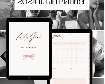 May include: A digital planner with a pink bow and the text "Lucky Girl 2024 Planner" on the cover. The planner is open to the January calendar page.