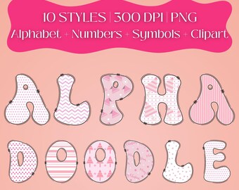 Set di PNG con alfabeto natalizio rosa / 6 stili / Lettere scarabocchiate / Clipart natalizie / Download dell'alfabeto digitale / Carattere bastoncino di zucchero PNG