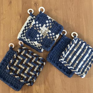 Handmade, artisan loomed potholder set of 2 in denim, made with high quality, recycled cotton loops. Various patterns available.