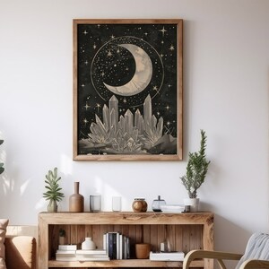 Celestial Moonscape, lunar art print, crystal art print, celestial home décor, gold and black art print