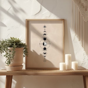Yin Yang boho art print, moon phase art minimalism, sacred geometry wall art, celestial black and beige home decor, yin yang wall art
