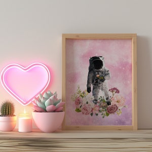 Floral Astronaut, flower space art, astronaut wall art, astronaut flower art, space home decor, pink astronaut wall art