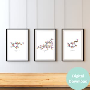 May include: Three digital prints of floral illustrations of the chemical structures of dopamine, oxytocin, and serotonin. The prints are framed in black frames and are displayed on a wooden surface. The text "Digital Download" is visible in the lower right corner of the image.