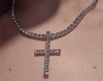 Kreuz Halskette Tennis Kette, Iced Out, Silber Jesus Kreuz Anhänger, Hip Hop Mode, religiöser Schmuck, Strassstein