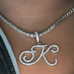 Collar con nombre y letra inicial cursiva personalizado de la A a la Z, ICED Out, cadena colgante de oro y plata