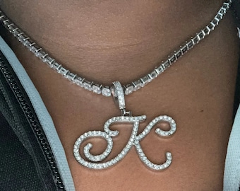 Personalised A-Z Cursive Initial Letter Name Necklace, ICED Out, Pendant chain Gold and Silver