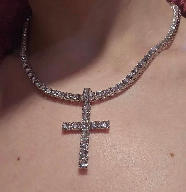 ICED OUT Cross Necklace Tennis Chain, Silver Jesus Cross