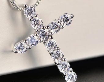 Moissanite Encrusted 925 Sterling Silver Cross Necklace, Silver Cross Necklace with Simulated Diamond, Religious Jewelry, Women and Men Gift