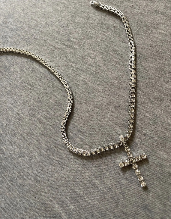ICED OUT Cross Necklace Tennis Chain, Shiny Silver Jesus