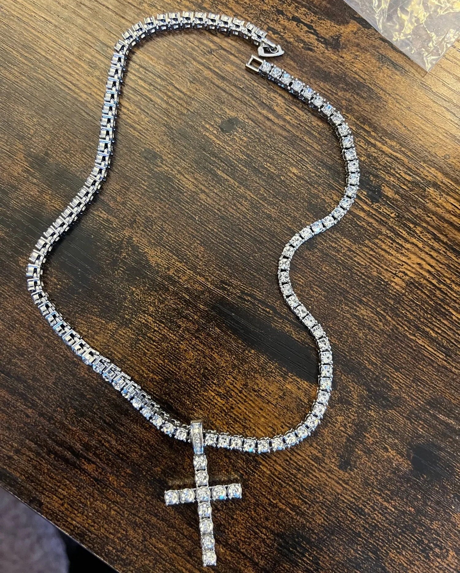 ICED OUT Cross Necklace Tennis Chain, Silver Jesus Cross Pendant, Hip Hop Fashion, Religious jewelery, Rhinestone gem ICED OUT Cross Necklace Tennis Chain, Silver Jesus Cross Pendant, Hip Hop Fashion, Religious jewelery, Rhinestone gem