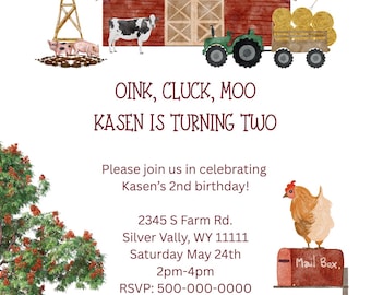 Puede incluir: Una invitación de cumpleaños con temática de granja con un granero rojo, un tractor y balas de heno. El texto dice "OINK, CLUCK, MOO KASEN IS TURNING TWO." Incluye detalles de la fiesta: fecha, hora e información de confirmación. También se muestra un molino de viento, animales y una valla.