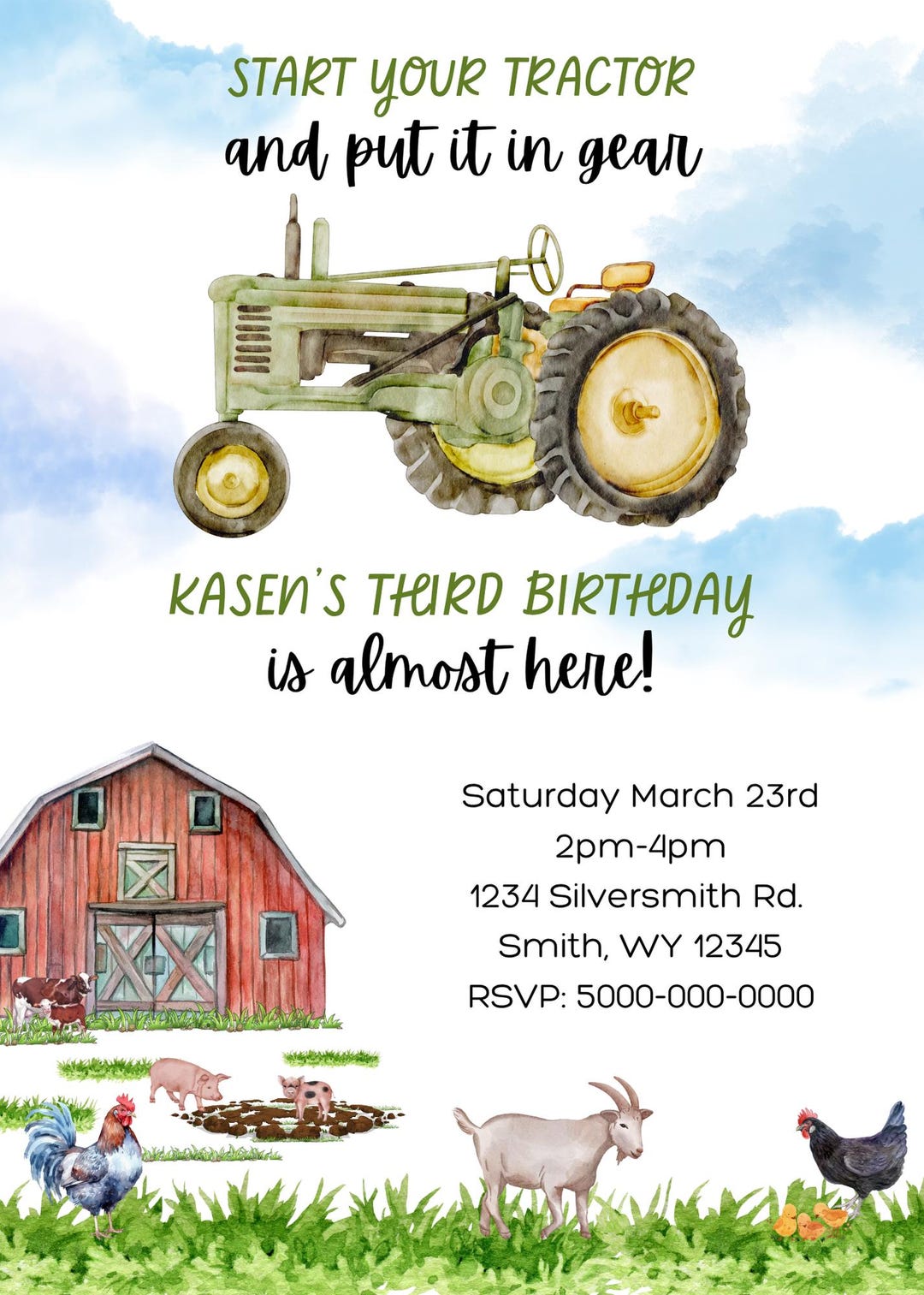 Farm Birthday Invitation With Tractor – Red or Green Tractor Invite ...