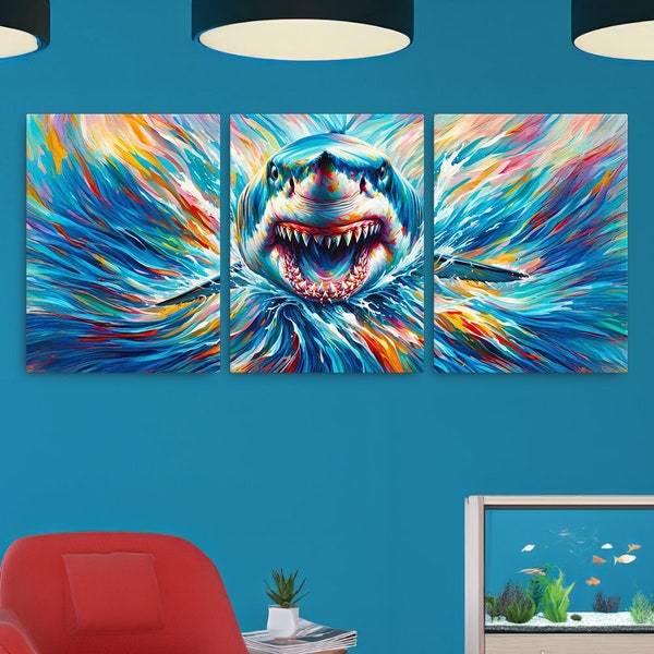 Great White Shark 3 Piece Canvas Wall Art Set of 3 - 18in x 24in Thin Style Canvas Panels Aquatic Artwork for Home or Business