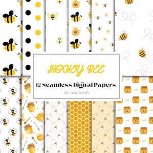 May include: A collection of 12 seamless digital papers with a honey bee theme. The patterns include bees, honeycombs, honey pots, and floral designs in yellow, black, and white. The text "HONEY BEE" and "12 Seamless Digital Papers" are displayed.