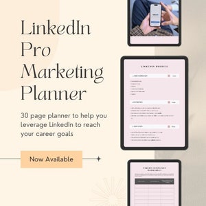 Pode incluir: Um planejador imprimível rosa e branco com o texto "LinkedIn Pro Marketing Planner" e "30 page planner to help you leverage LinkedIn to reach your career goals". O planejador está disponível agora.