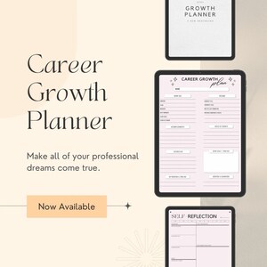 May include: A digital planner with a pink background and the text "Career Growth Plan" on the cover. The planner includes sections for setting goals, tracking progress, and reflecting on achievements.