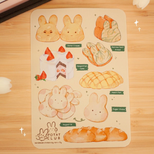 Potat Club Bakery Sticker Sheet | cute rabbit stickers for bullet journal, planner, stationary, scrapbooking, iPad, laptop, and decorating