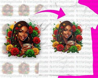 African American Woman with Coffee and Roses | Black Woman PNG| Vibrant PNG Clipart | Perfect for Sublimation, T-Shirts, and DTF