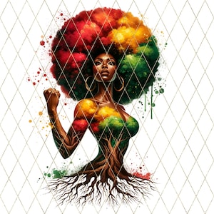 Può includere: Un'illustrazione digitale di una donna con un'acconciatura afro. I capelli della donna sono acconciati a forma di albero con foglie rosse, gialle e verdi. Il corpo della donna è anche un albero con radici che si estendono dalla parte inferiore dell'immagine.