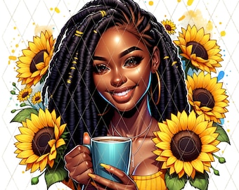 Black Girl Sunflower PNG, Coffee and Sunshine Sublimation Art, Melanin Woman DTF Transfer, Afro Clipart for Shirts & Mugs