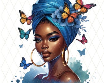 Pañuelo azul para la cabeza de mujer negra (imagen PNG) / Reina afro con mariposas para sublimación, impresión DTF, arte de melanina, descarga digital