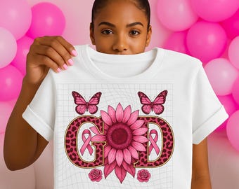 Breast Cancer Awareness GOD PNG, Sunflower & Pink Ribbon Leopard Print Design, Afrocentric African American Sublimation Cricut File