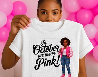 Breast Cancer Awareness Afro Woman PNG, Black Girl with Natural Hair & Pink Ribbon Drink, African American Sublimation Cricut Design