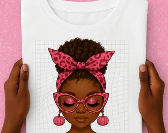 Afro Woman PNG, African American Black Woman with Curly Hair & Pink Glasses, Afrocentric Sublimation Cricut and DTF Digital Design