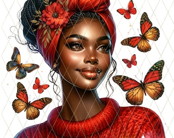 Mujer negra PNG Clipart / Pañuelo rojo con arte afro y mariposas para sublimación, DTF, Reina de la Melanina de Otoño, Diseño Afroamericano