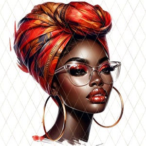 Svart kvinna PNG Clipart | Afrocentrisk röd huvudbonadskonst för sublimering, DTF-utskrift, Melanin Queen, Cricut Crafts, digital nedladdning