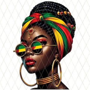 May include: A digital illustration of a woman with dark skin wearing a colourful head wrap, large hoop earrings, and sunglasses with a flag design. The woman has red lipstick and a gold necklace.