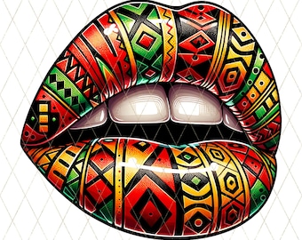Tribal Lips png | Afrocentric Red Green Gold Lips Clipart | Sublimation & DTF Transfer Art for Black-Owned Businesses and Crafters